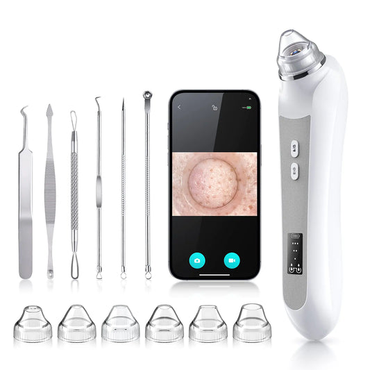Blackhead Remover Vacuum with HD Camera – 6 Heads, 3 Suction Modes (Grey)  Deep Pore Cleaner for Men & Women – USB Rechargeable Facial Tool for Acne, Oil, and Blackhead Removal